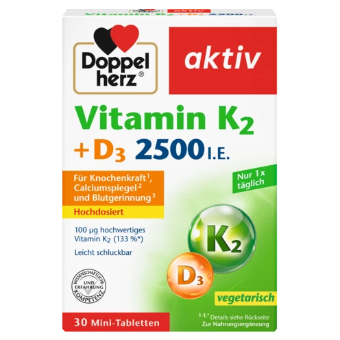 Abbildung der Produktverpackung Doppelherz aktiv Vitamin K2 + D3 2500 I.E. Frontansicht